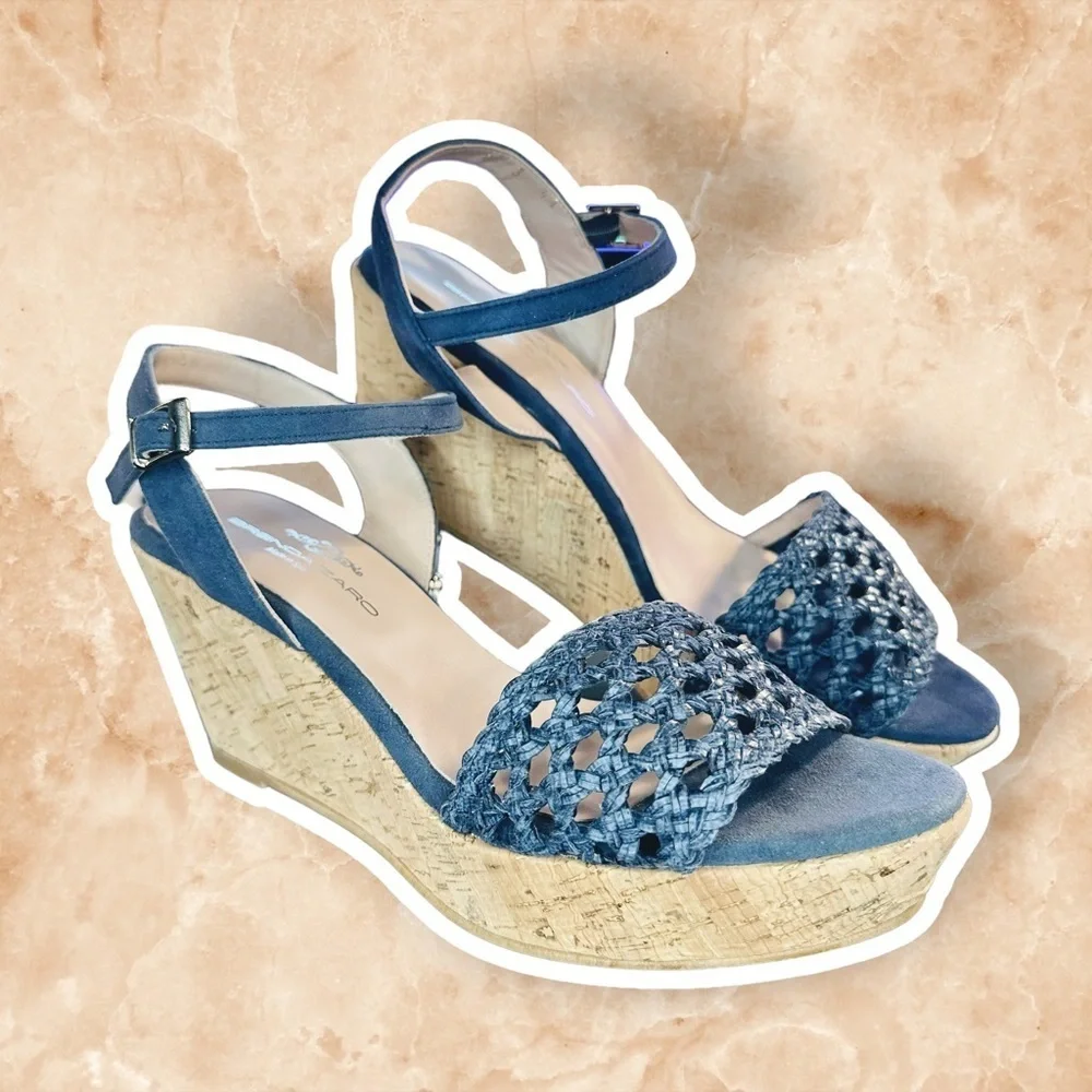 NWT Brenda Zaro Navy Blue Woven Leather ‘Nadia’ Cork Wedge Sandals Size 41